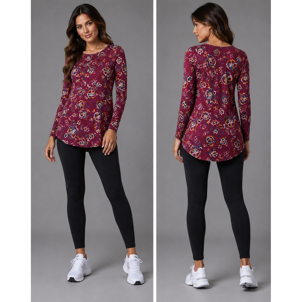 LuLaRoe Tunic Top Womens Small Burgundy Floral Long Sleeve High Low Scoop Neck